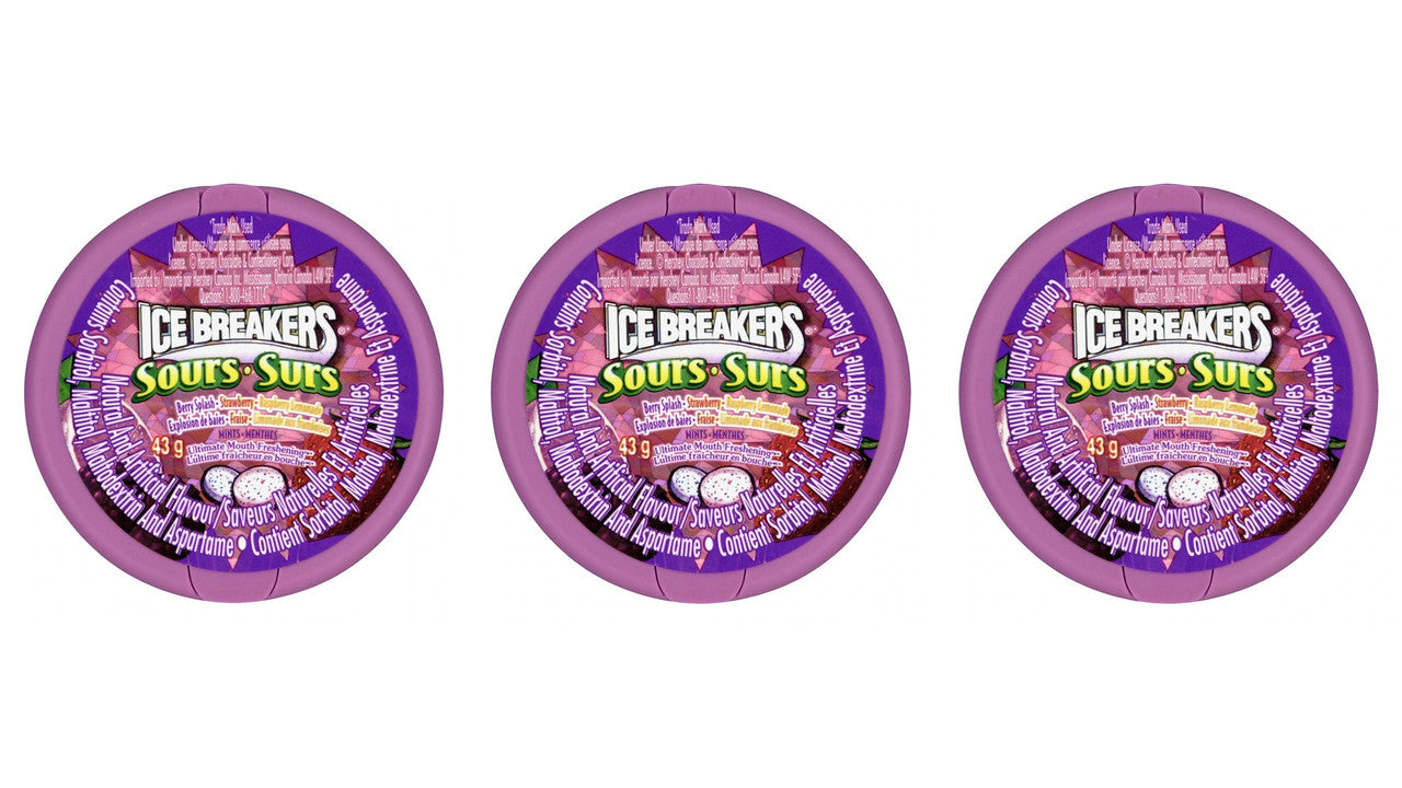Ice Breakers Sours, Mints, Strawberry, Berry Splash, Cherry, 6ct, (Pack of 3) {Imported from Canada}